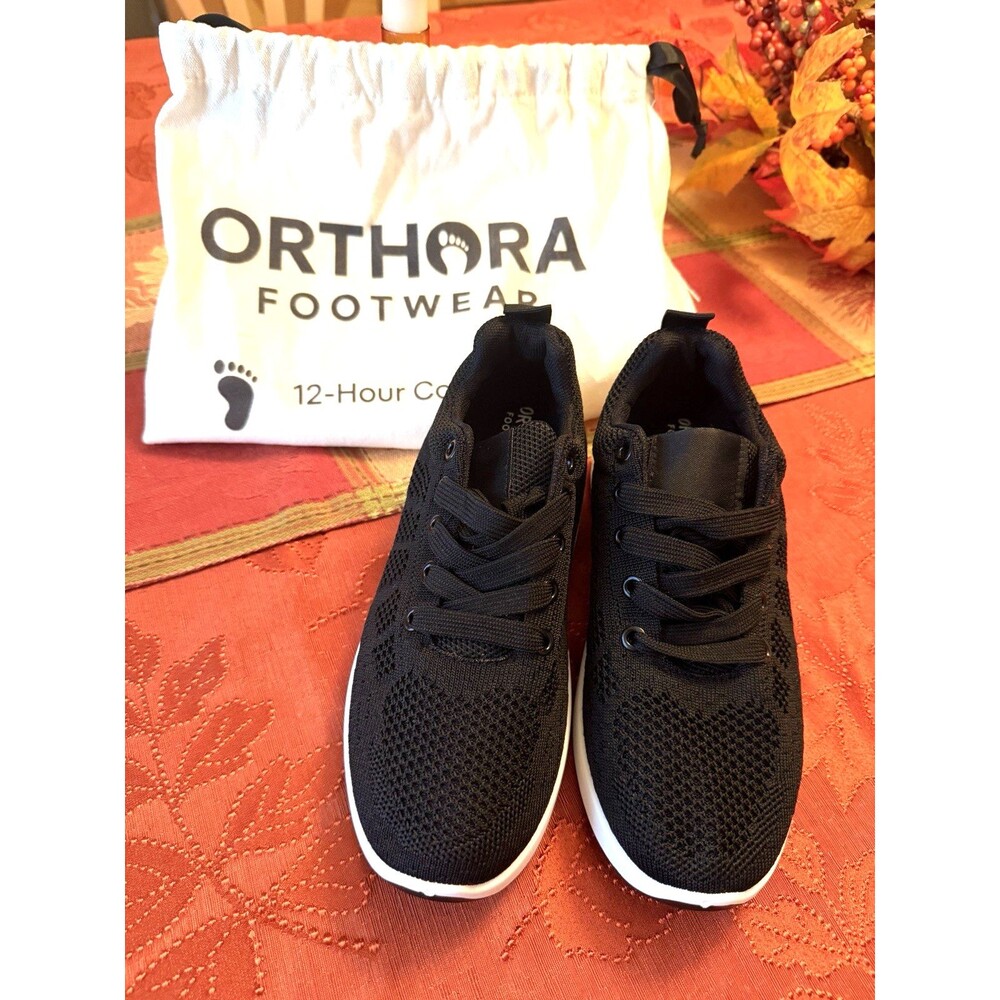 NEW Orthora Women's sz 5.5 (36) Black Knit Lace-Up Sneakers Slip Resistant